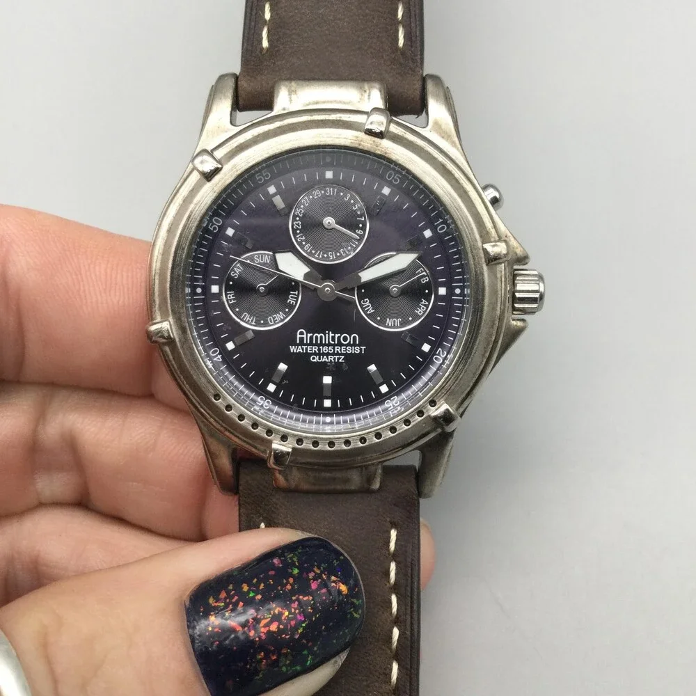 Armitron Mens Watch 38mm Black Dial Brown Leather Triple Calendar New Battery